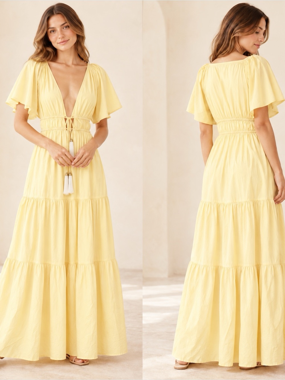 Young Fabulous & Broke Pale Yellow Flutter Maxi Dress with Tassel Tie